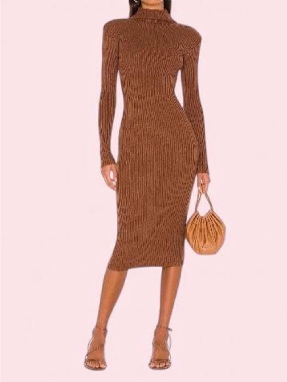 Astr Brown Ribbed Long-Sleeve Midi Dress